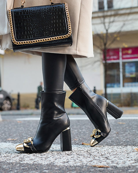 OUTLET Чорні жіночі чоботи на високих підборах з золотими прикрасами Amiop- Footwear