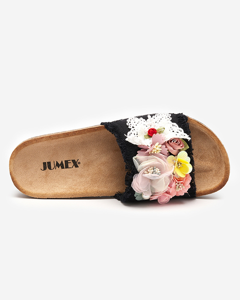 OUTLET Жіночі тапочки з тканинними квітами чорного кольору Ososi- Shoes