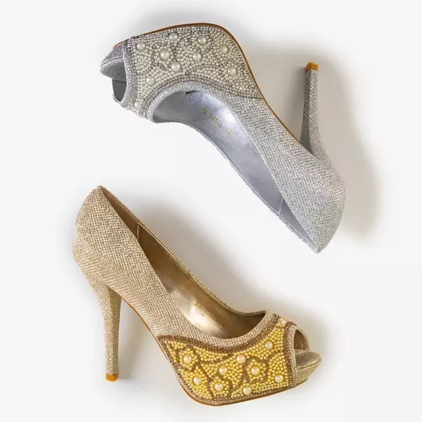 OUTLET Золоті жіночі блискучі високі підбори з фіанітом та перлами Mira - Взуття