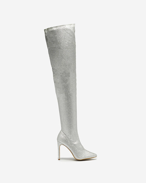 Сріблясті жіночі чоботи вище коліна з блискітками Qesda- Footwear