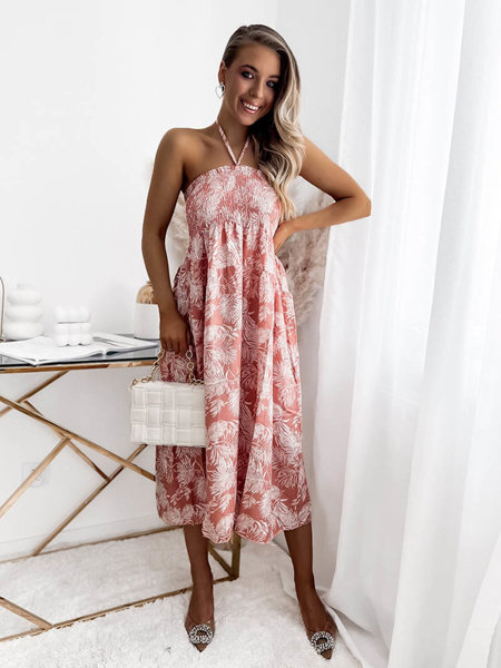 Жіноча сукня міді з квітковим мотивом в рожево-білому кольорі PLUS SIZE - Одяг